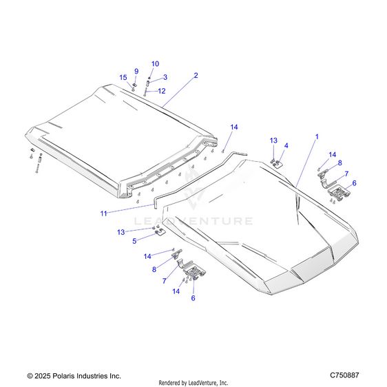 An Image of a Genuine Polaris Parts Schematic Diagram showing the schematic - BODY: ROOF - 2025 POLARIS RZR PRO S 4 ULTIMATE
