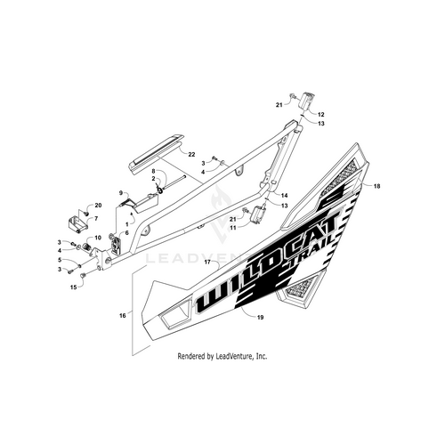 Exploded diagram of an Arctic Cat Wildcat Trail frame, highlighting numbered parts like the main frame, screws, bolts, brackets, and a large side panel featuring the Door Decal-Upper-Left (Wc Trail Xt Vr) by Arctic Cat.