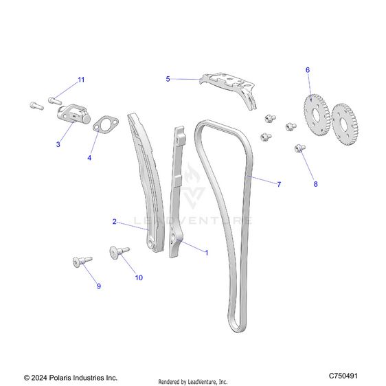 An Image of a Genuine Polaris Parts Schematic Diagram showing the schematic - ENGINE: CAM CHAIN AND TENSIONER - 2025 POLARIS RZR XP 1000 PREMIUM