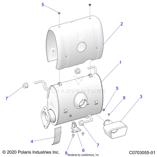An Image of a Genuine Polaris Parts Schematic Diagram showing the schematic - ENGINE: EXHAUST SYSTEM SILENCER - 2023 POLARIS RZR PRO R SPORT/PREMIUM