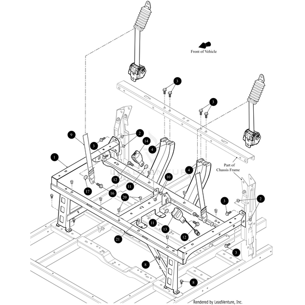 Exploded diagram of a chassis frame with numbered parts—bolts, shock absorbers, seat mounts, rails, brackets—featuring OEM Arctic Cat components like the Seat Frame Black-Weld by Arctic Cat (part #667890G0390).