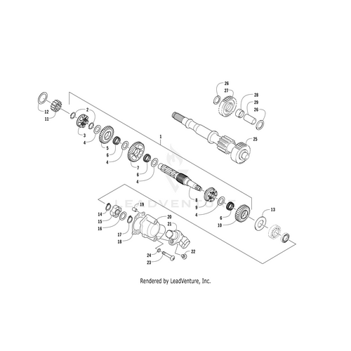 Exploded diagram of a transmission assembly highlighting gears, shafts, washers, and other components—including the Driveshaft by Arctic Cat—each labeled for identification. Find OEM Arctic Cat parts at Witchdoctors.com.