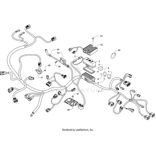 Black and white diagram of an automotive wiring harness with labeled connectors—perfect for identifying OEM Arctic Cat parts, such as the Band Oil Handle, in vehicles like the Arctic Cat Wildcat.
