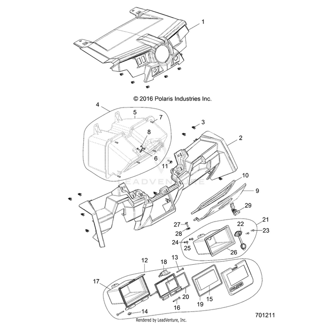 An Image of a Genuine Polaris Parts Schematic Diagram showing the schematic - BODY: DASH AND GLOVEBOX - 2018 POLARIS RZR XP 4 1000