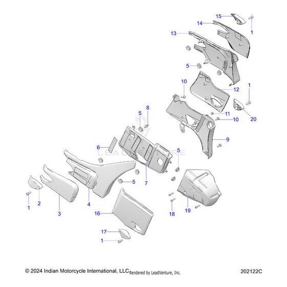 Technical line drawing of the Cover Side Lower RH Bludsk [Blue Dusk] by Polaris, showing numbered components and mounting hardware, including front and side fairings for easy reference. OEM Indian motorcycle side panel parts displayed.