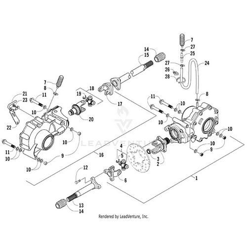 Exploded diagram of a mechanical assembly with labeled parts like gears, shafts, bolts, springs, and housing—each numbered for easy identification. Perfect for finding OEM Arctic Cat parts, including the Propeller Shaft by Arctic Cat.