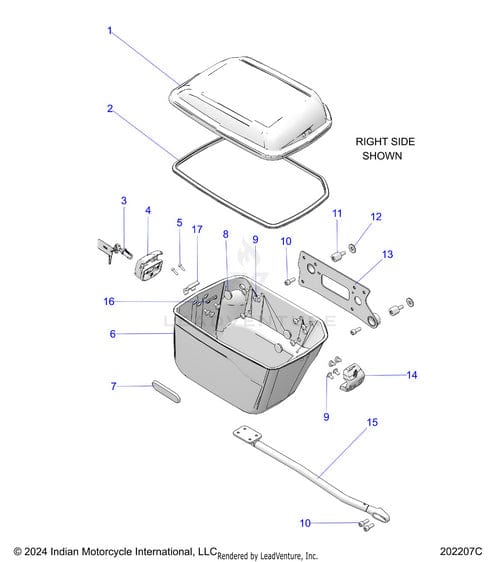 Exploded diagram of the Polaris Bin Saddlebag RH Onyxblksmk [Black Smoke] right side case with numbered OEM parts like lid, case body, lock, latch, mounting brackets, hardware, and support arm.