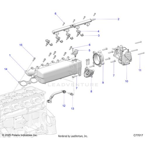 An Image of a Genuine Polaris Parts Schematic Diagram showing the schematic - ENGINE: INTAKE MANIFOLD FUEL RAIL AND RELATED - 2025 POLARIS RZR PRO R RACE