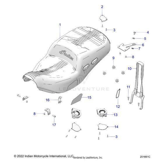 Exploded diagram of the Panel Trunk Connector Heat Cool by Polaris with numbered parts, including connectors, mounting brackets, bolts, and OEM hardware, plus a labeled parts list for easy reference.