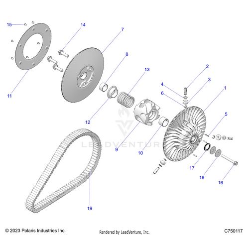 An Image of a Genuine Polaris Parts Schematic Diagram showing the schematic - DRIVE TRAIN: SECONDARY CLUTCH/BELT - 2026 POLARIS RZR PRO R ULTIMATE