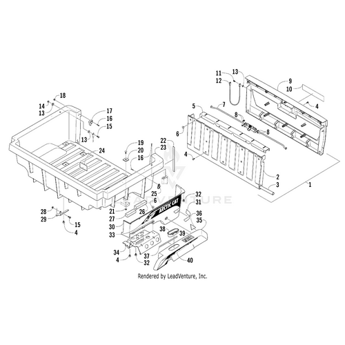 Exploded diagram of a utility vehicle cargo bed, highlighting the placement of the Cargo Box Decal - Left by Arctic Cat among labeled panels and hardware. Perfect for locating OEM parts or adding Arctic Cat UTV accessories.