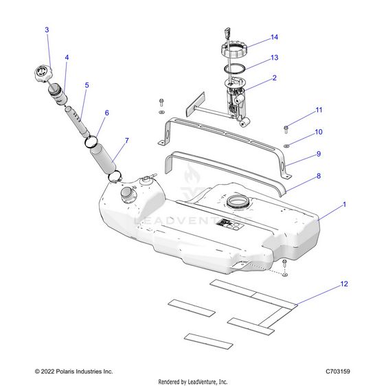 An Image of a Genuine Polaris Parts Schematic Diagram showing the schematic - FUEL: SYSTEM FUEL TANK - 2023 POLARIS RZR PRO R SPORT/PREMIUM