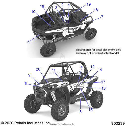 An Image of a Genuine Polaris Parts Schematic Diagram showing the schematic - BODY: DECALS - 2021 POLARIS RZR XP 1000