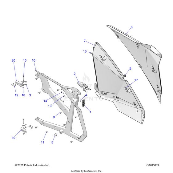 An Image of a Genuine Polaris Parts Schematic Diagram showing the schematic - BODY: DOORS REAR - 2022 POLARIS RZR PRO XP 4 ULTIMATE ROCKFORD LE
