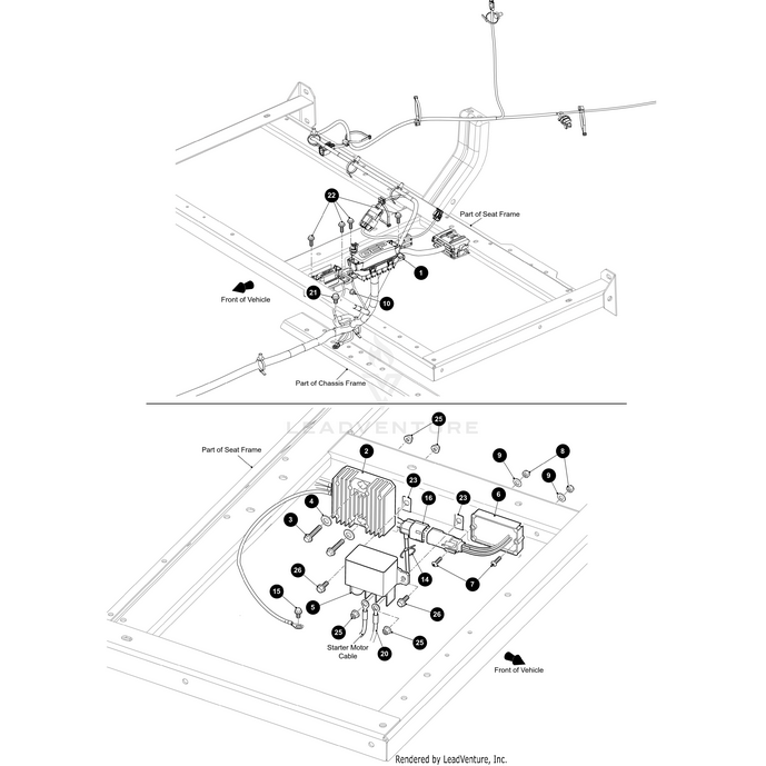 Line drawings display under-seat wiring and chassis frame components of an Arctic Cat Wildcat, highlighting labeled parts like seat frame, cables, electrical connectors, and the Xtr Main Rear Harness by Arctic Cat for precise vehicle orientation.