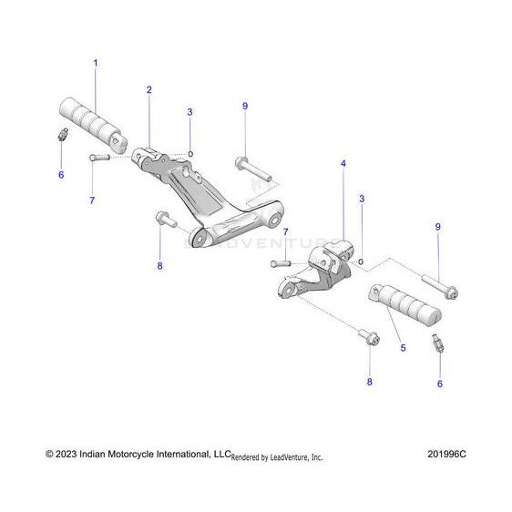 Exploded diagram of a motorcycle footrest assembly with numbered parts—pegs, bolts, mounting bracket, and the Polaris Screw Hxfl M10X1.5X25 10.9 Zfb—featuring Indian Motorcycle OEM and factory-direct Polaris components.