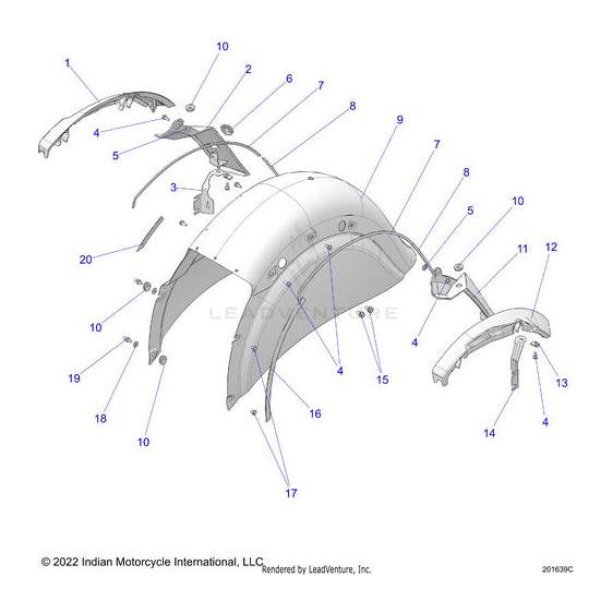 Technical diagram of the Fender Rear Rvt Bluedusk | [Blue Dusk] by Polaris, showing numbered factory-direct components and bolts around a curved center piece, with arrows pointing to assembly positions.