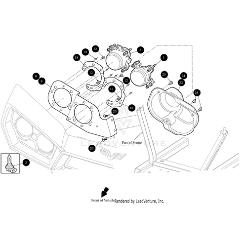 Exploded view of a vehicles headlight assembly with numbered parts: frame, Headlight Reflector Insert by Arctic Cat, bulbs, screws, and other OEM Arctic Cat components—front of the vehicle at the bottom.