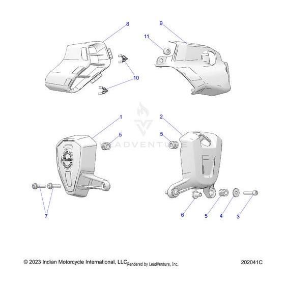 Exploded diagram showing Cover V LH by Polaris as one of four main plastic body panels, labeled OEM with screws, washers, and hardware. Each part is numbered for identification. Indian Motorcycle International, LLC, 2023.