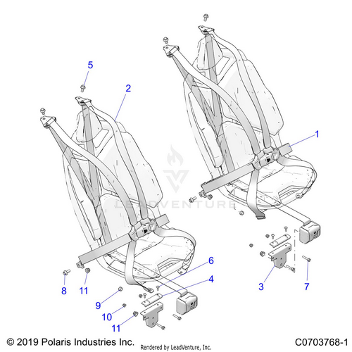 An Image of a Genuine Polaris Parts Schematic Diagram showing the schematic - BODY: SEAT BELT MOUNTING PREMIUM/ULTIMATE - 2024 POLARIS RZR PRO XP PREMIUM