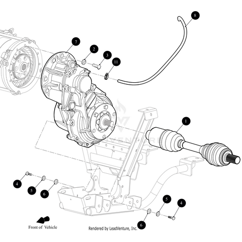 Black and white technical diagram of a vehicle drivetrain assembly with labeled parts, including driveshaft, transfer case, Flat Washer (3/8) by Arctic Cat, brackets, bolts, and cable. Components are numbered and shown relative to the chassis.