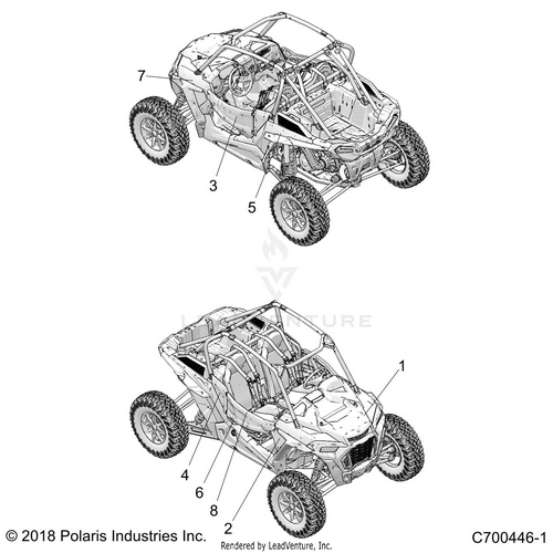An Image of a Genuine Polaris Parts Schematic Diagram showing the schematic - BODY: DECALS GRAPHICS - 2019 POLARIS RZR XP TURBO S VELOCITY