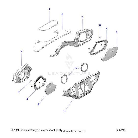 Exploded diagram of motorcycle dashboard components, with each part numbered 1 to 11, highlighting the Grill Speaker RH Imb | [Includes 5 6] by Polaris for accurate assembly or repair guidance using OEM parts.