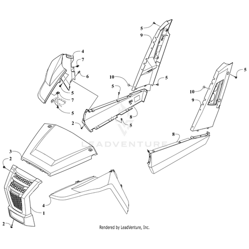 Exploded diagram of Arctic Cat UTV body panels, each part numbered for identification. The illustration highlights components including the Front Fender - Left - Gray by Arctic Cat, with front, side, and rear pieces separated for clarity.