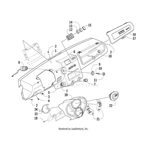Exploded diagram of the dashboard assembly with labeled parts, including the Warning Decal Dash-Right by Arctic Cat—ideal for identifying OEM components and accessories. Each part is numbered for easy reference.
