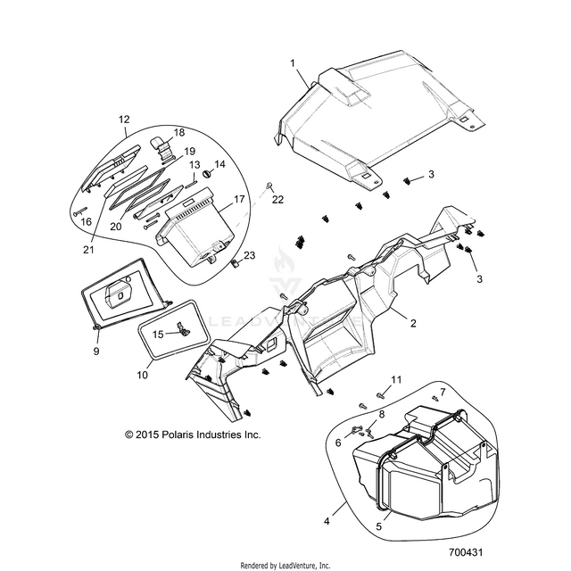 An Image of a Genuine Polaris Parts Schematic Diagram showing the schematic - BODY: DASH AND GLOVEBOX - 2018 POLARIS RZR XP 4 TURBO