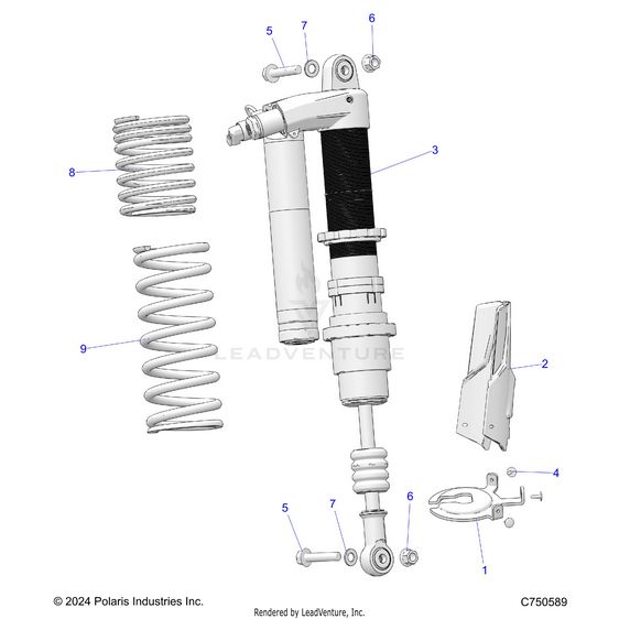 An Image of a Genuine Polaris Parts Schematic Diagram showing the schematic - SUSPENSION: REAR SHOCK & MOUNTING - 2025 POLARIS RZR PRO S 4 ULTIMATE