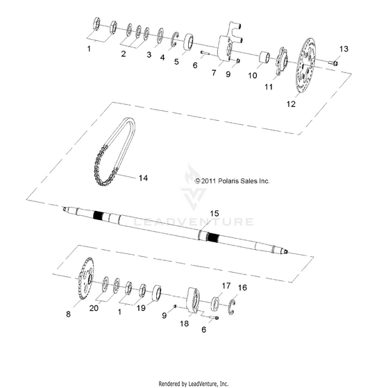 An Image of a Genuine Polaris Parts Schematic Diagram showing the schematic - WHEELS: REAR AXLE - 2015 POLARIS RZR 170