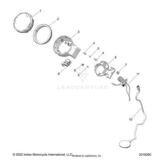 Exploded diagram of motorcycle headlight components—lens, housing, Speedo Cover | [Includes 8] by Polaris, mounting bracket, connectors, and wiring—featuring Polaris OEM Parts in assembly order from left to right.