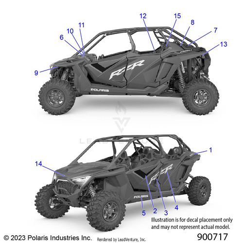 An Image of a Genuine Polaris Parts Schematic Diagram showing the schematic - BODY: DECALS - 2024 POLARIS RZR PRO XP 4 PREMIUM