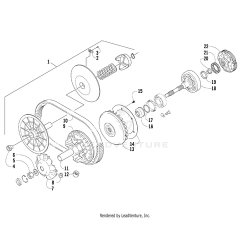 Exploded diagram of a mechanical transmission assembly with numbered parts, featuring gears, pulleys, the Arctic Cat Stationary Sheave - Drive, belt, springs, and shafts—shown apart for OEM Arctic Cat fitment from Witchdoctors.com.