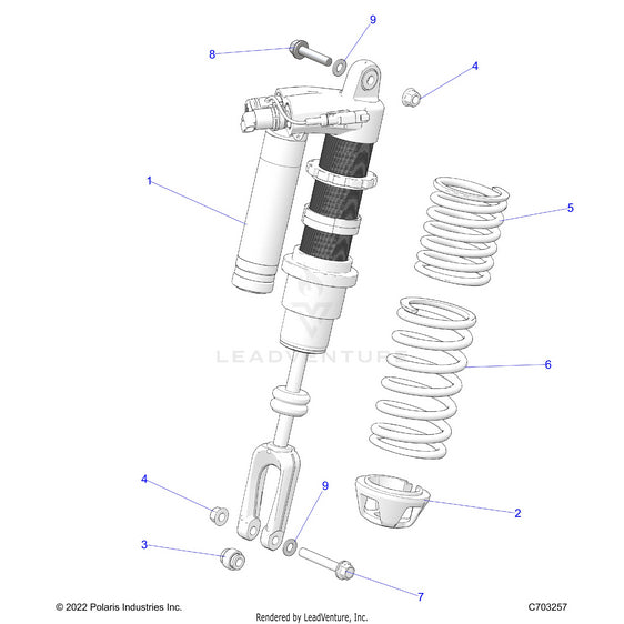 An Image of a Genuine Polaris Parts Schematic Diagram showing the schematic - SUSPENSION: FRONT SHOCK MOUNTING - 2023 POLARIS RZR PRO R ULTIMATE