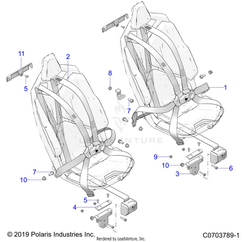 An Image of a Genuine Polaris Parts Schematic Diagram showing the schematic - BODY: SEAT BELT MOUNTING FRONT PREMIUM/DELUXE - 2022 POLARIS RZR PRO XP 4 PREMIUM