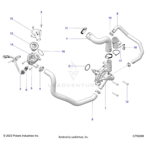 An Image of a Genuine Polaris Parts Schematic Diagram showing the schematic - ENGINE: WATERPUMP AND BYPASS - 2025 POLARIS RZR PRO S PREMIUM