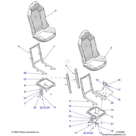An Image of a Genuine Polaris Parts Schematic Diagram showing the schematic - BODY: SEAT ASM. AND SLIDER - 2023 POLARIS RZR XP 1000 SPORT