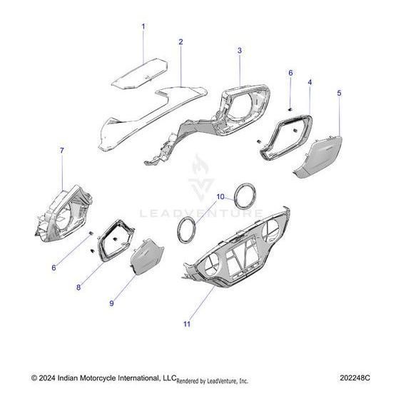 Exploded diagram of a motorcycle dashboard assembly with numbered parts, featuring the Storage Lid Onyxblk by Polaris OEM, plus panels, covers, and rings—separated and labeled for easy identification.