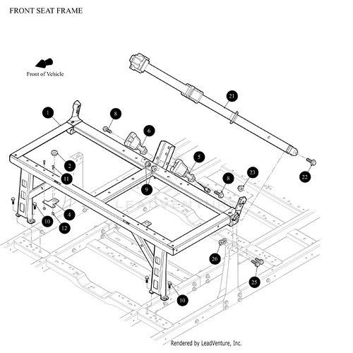 Diagram of a vehicles front seat frame assembly, highlighting parts like brackets, bolts, and the Arctic Cat Seat Frame Front-Weld. OEM Arctic Cat components are numbered and shown mounted on the chassis with orientation arrows.
