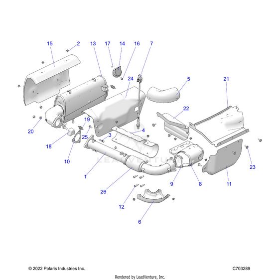 An Image of a Genuine Polaris Parts Schematic Diagram showing the schematic - ENGINE: EXHAUST SYSTEM - 2023 POLARIS RZR PRO XP 4 ULTIMATE