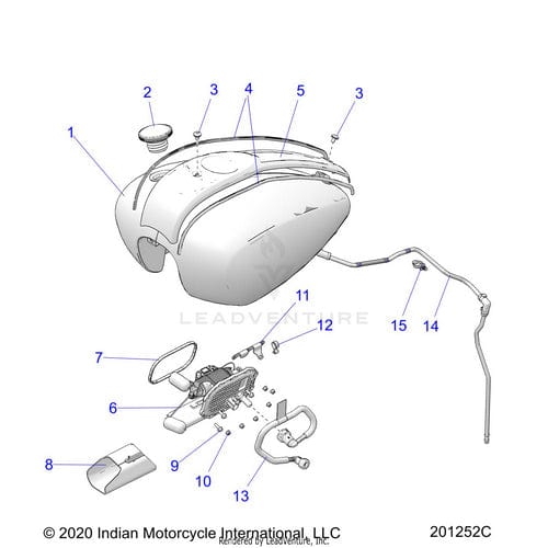 Exploded diagram of the Tank Fuel Narabrzsmk/Grfx [Nara Bronze Smoke W/ Gfx] by Polaris, showing the tank and OEM parts like fuel cap, brackets, and mounting hardware, each labeled for identification.