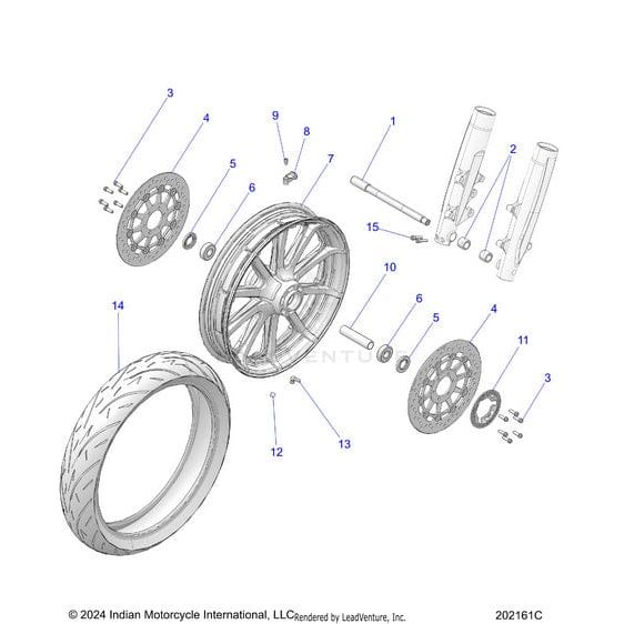 Exploded diagram of the Polaris Wheel Front 19X3.5 Cast Black M [Incl. 5 6 10 13], showing labeled tire, rim, and brake discs—each identified as Genuine OEM Parts for Indian Motorcycle front assembly.