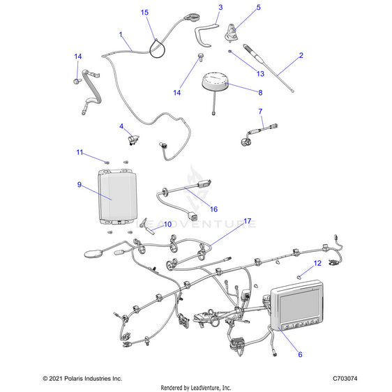 An Image of a Genuine Polaris Parts Schematic Diagram showing the schematic - ELECTRICAL: AUDIO RIDE COMMAND - 2023 POLARIS RZR PRO R 4 SPORT
