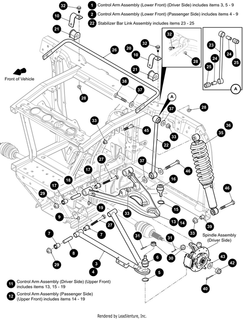 Labeled diagram of Stampede 4 front suspension with numbered parts, including Shock 50.8Mm Body Front by Arctic Cat, control arms, spindle, stabilizer bar, brake assembly, and directional arrow showing the vehicle’s front.