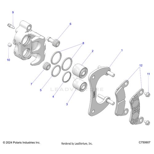 An Image of a Genuine Polaris Parts Schematic Diagram showing the schematic - BRAKES: CALIPER REAR - 2025 POLARIS RZR PRO R ULTIMATE