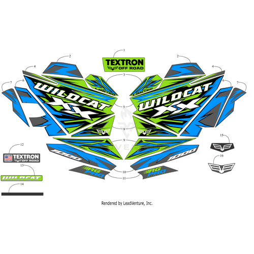 The Fender Decal-Front-Left (Limited) by Arctic Cat features vibrant green, blue, and black WILDCAT XX and 1000 graphics for Textron Off Road vehicles. Includes OEM part number and placement guide for easy installation.