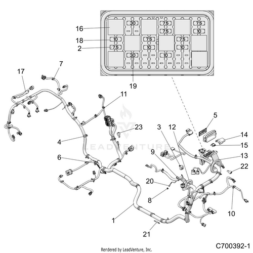 An Image of a Genuine Polaris Parts Schematic Diagram showing the schematic - ELECTRICAL: WIRE HARNESS - 2019 POLARIS RZR XP TURBO
