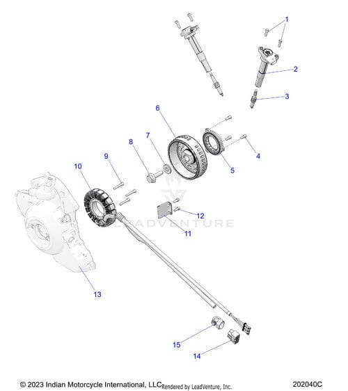 Exploded diagram of motorcycle engine parts, featuring labeled gears, shafts, and bearings, plus Coil Ignition w/Suppressor by Polaris OEM components arranged in assembly order from left to right.